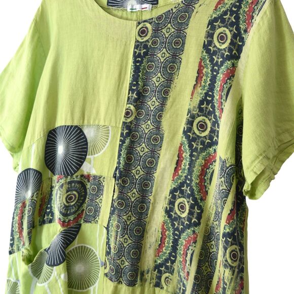 Made in Italy 100% Linen Patchwork Print Duster Dress Green Artsy Boho Oversized - Picture 7 of 10